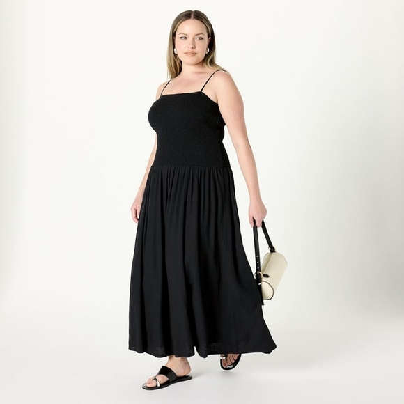 The Drop Dresses & Skirts - THE DROP 'Florencia' Flowy Black Smocked Linen Maxi Vacation Dress - Size XXL